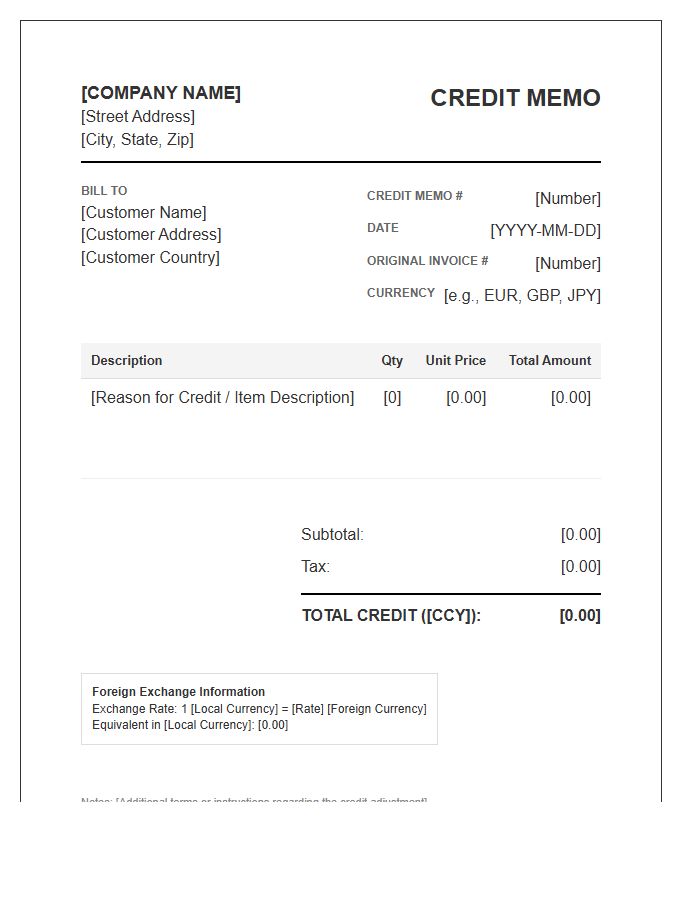 Foreign Currency Credit Memo Invoice Template