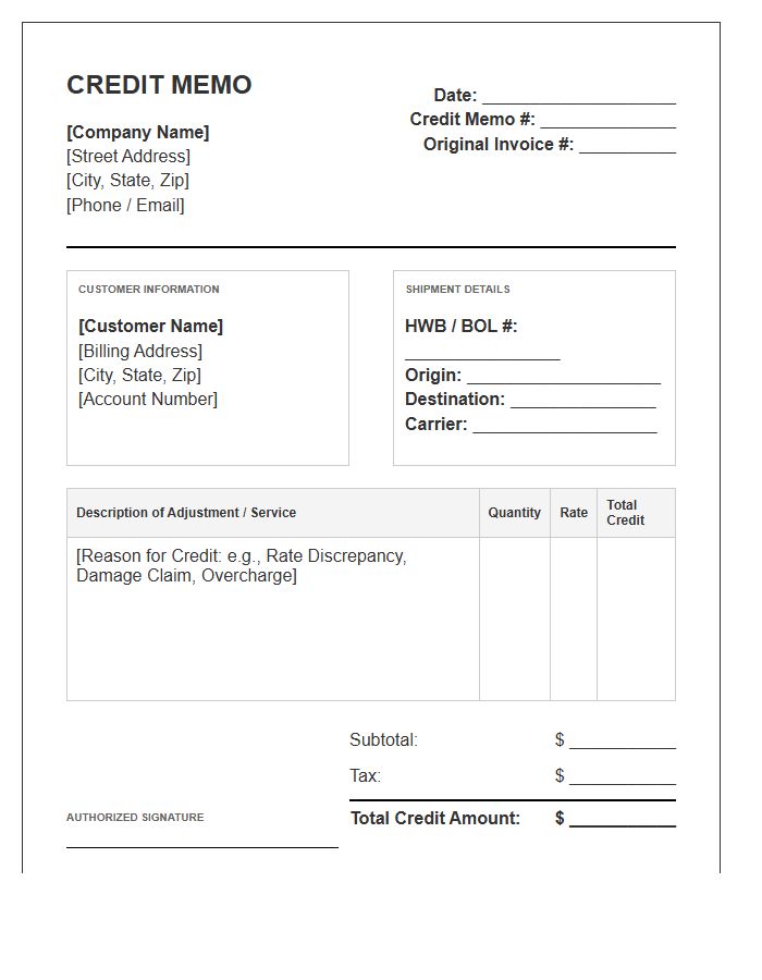 Logistics Credit Memo Invoice Template