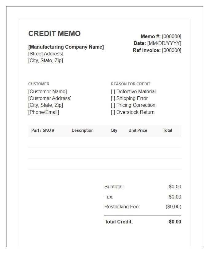 Manufacturing Credit Memo Invoice Template