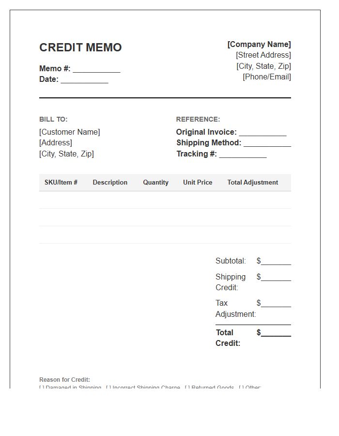 Shipping Credit Memo Invoice Template