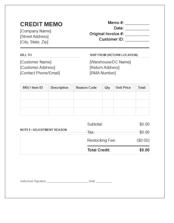 Supply Chain Credit Memo Invoice Template