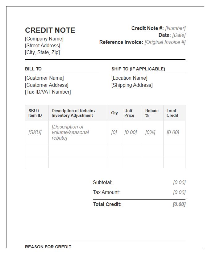 Inventory Rebate Credit Note Invoice Template