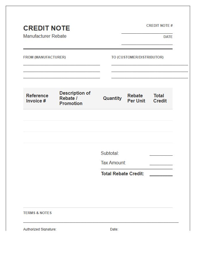 Manufacturer Rebate Credit Note Invoice Template