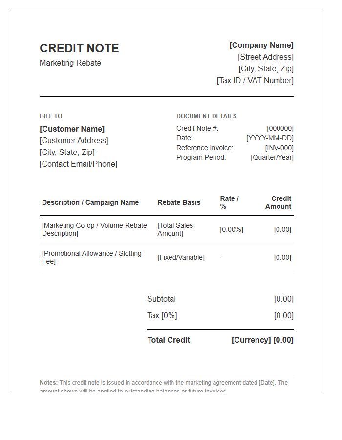 Marketing Rebate Credit Note Invoice Template