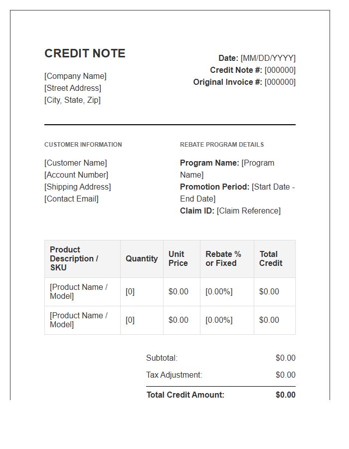 Product Rebate Credit Note Invoice Template