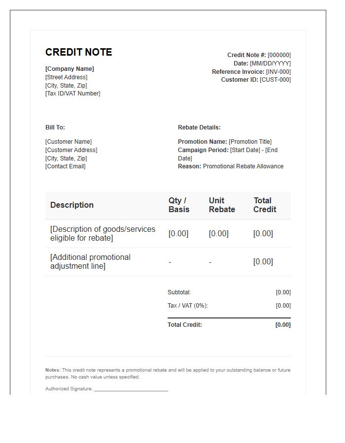 Promotional Rebate Credit Note Invoice Template