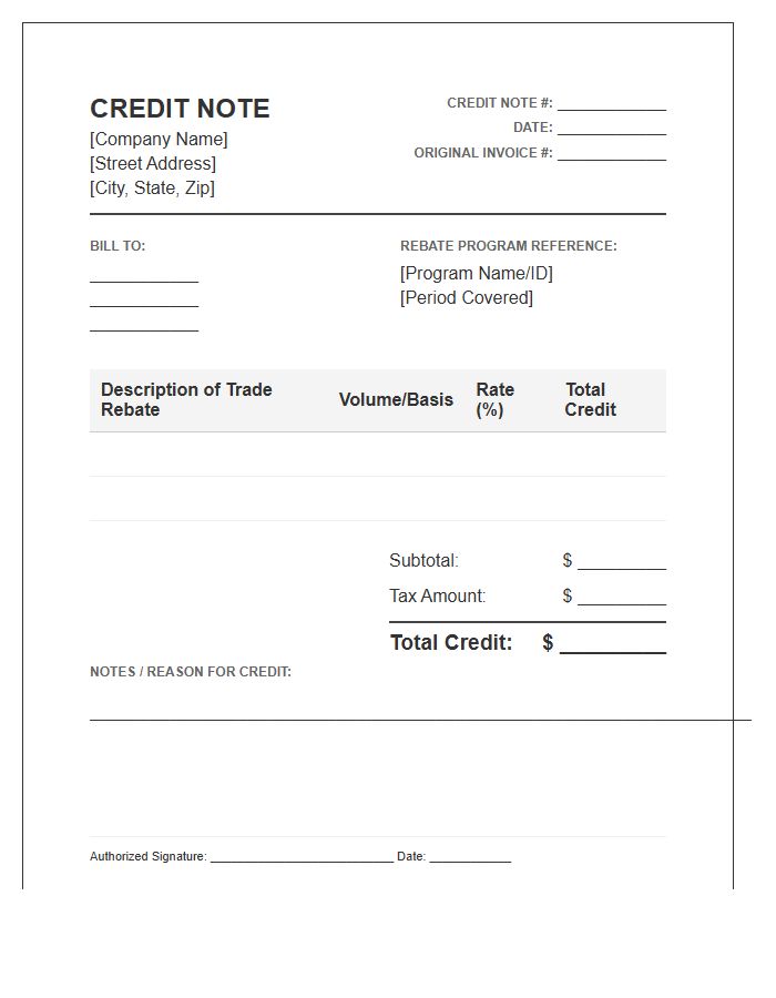 Trade Rebate Credit Note Invoice Template
