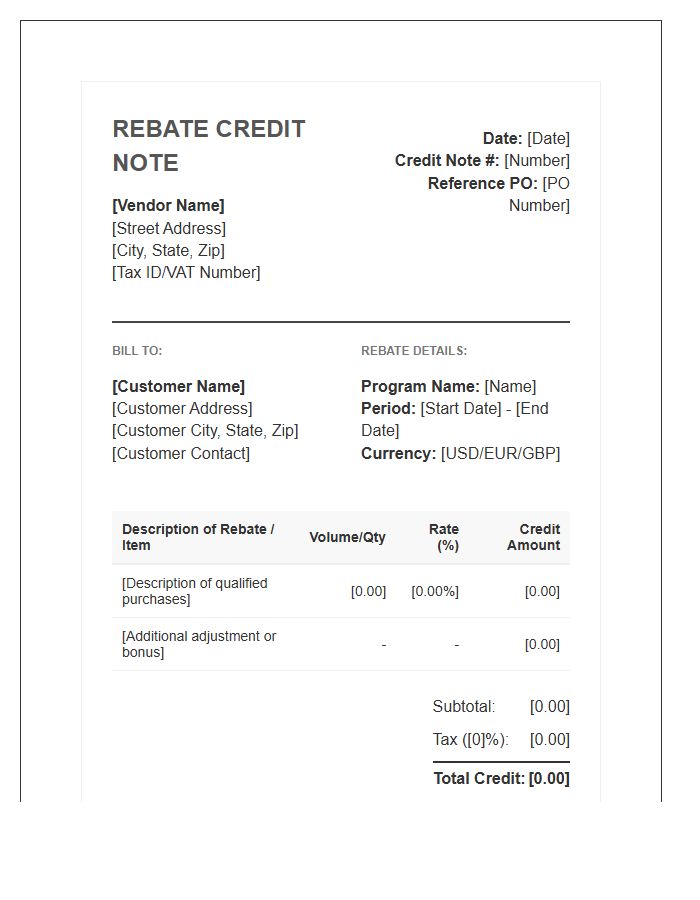 Vendor Rebate Credit Note Invoice Template