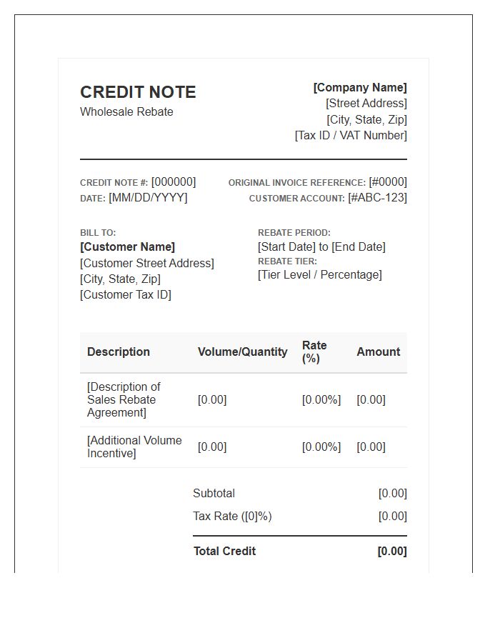 Wholesale Rebate Credit Note Invoice Template