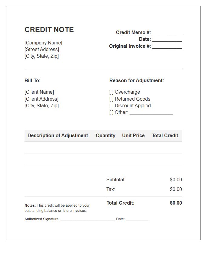 Client Billing Adjustment Credit Invoice Template
