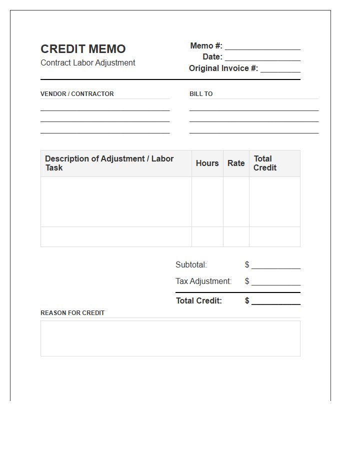 Contract Labor Credit Memo Invoice Template