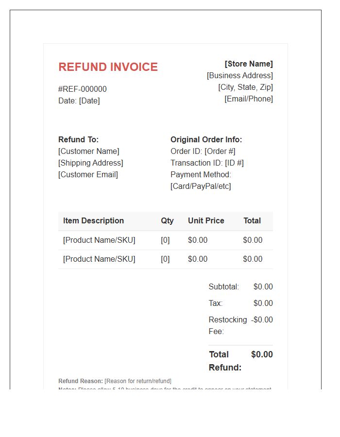 E-commerce Transaction Refund Invoice Template