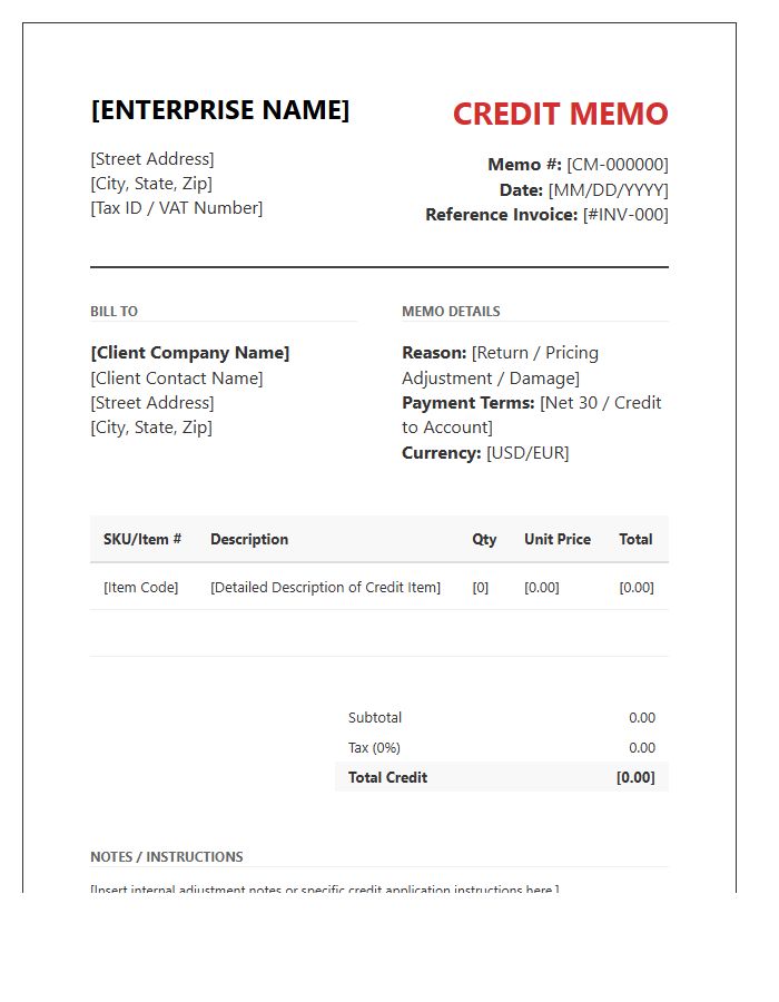 Enterprise Level Credit Memo Invoice Template