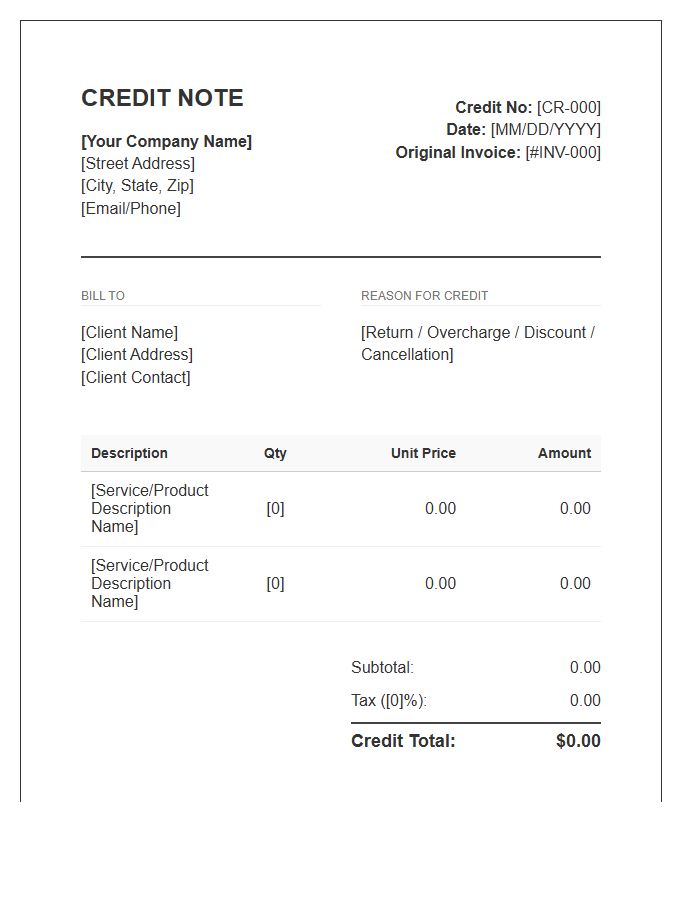 General Bookkeeping Refund Credit Invoice Template