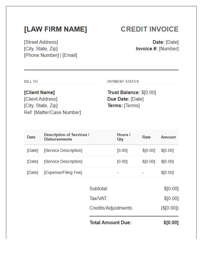 Legal Firm Client Credit Invoice Template