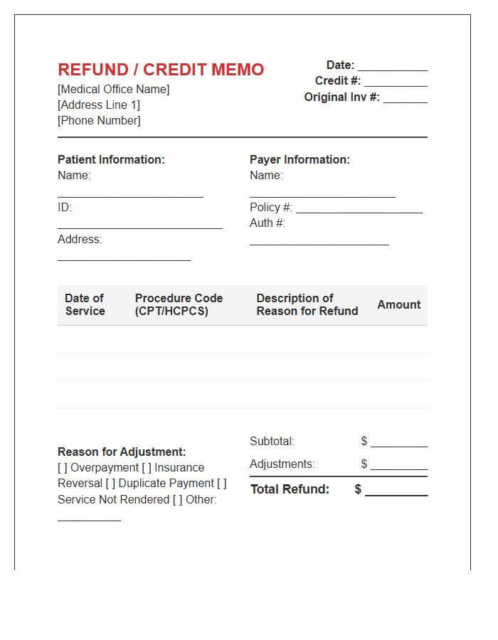 Medical Office Refund Credit Invoice Template