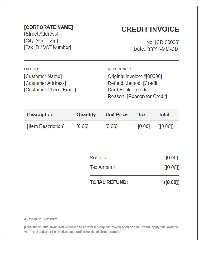 Official Corporate Refund Credit Invoice Template
