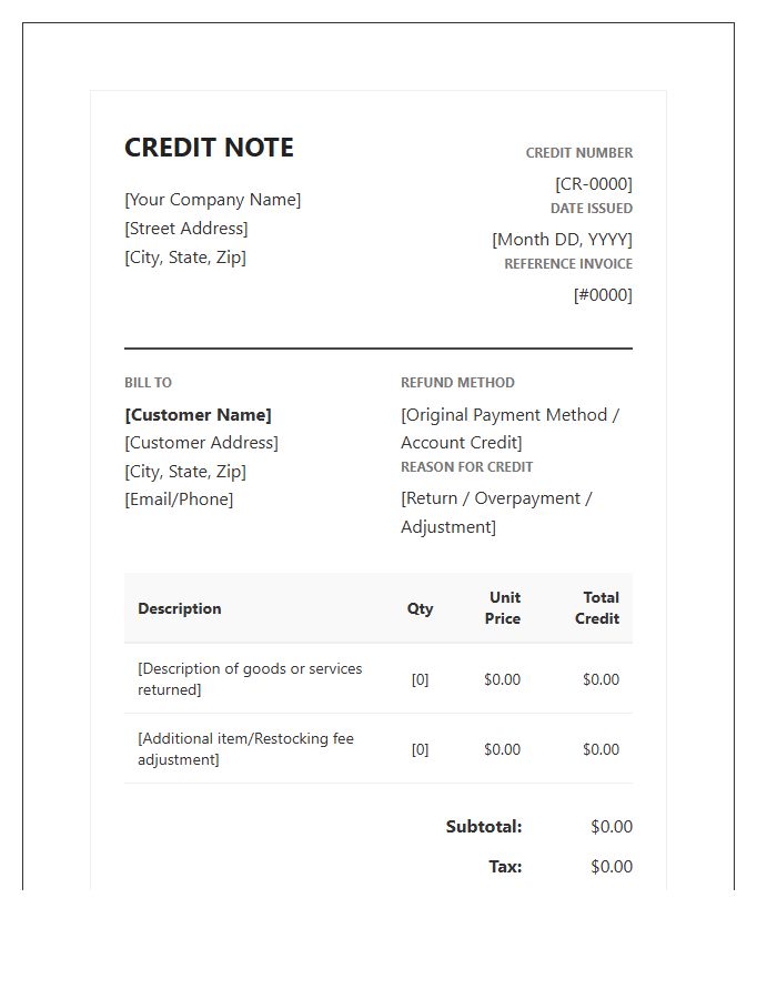 Professional Customer Refund Credit Invoice Template