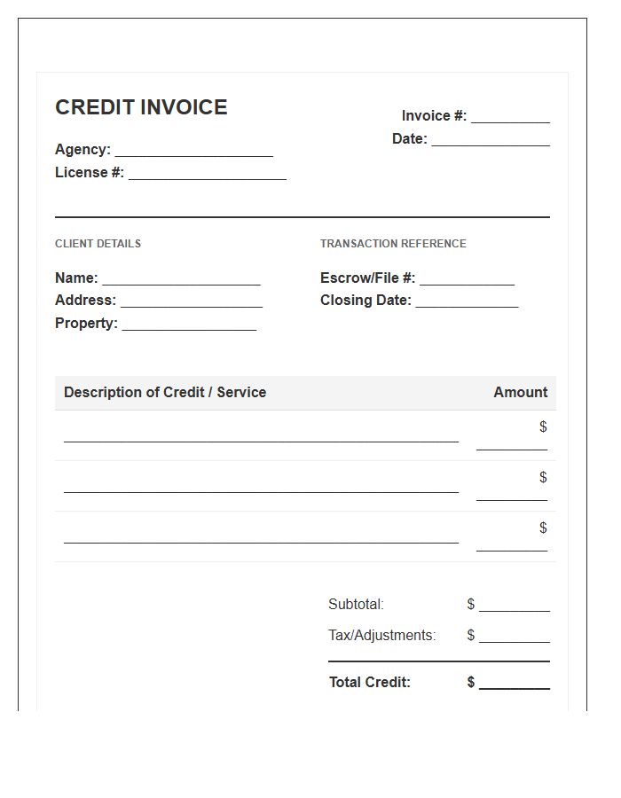 Real Estate Client Credit Invoice Template
