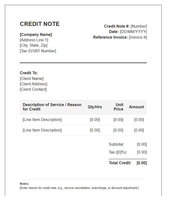 Service Provider Credit Note Invoice Template