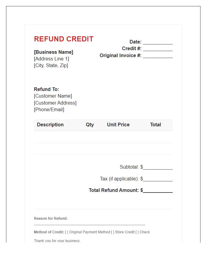 Small Business Refund Credit Invoice Template
