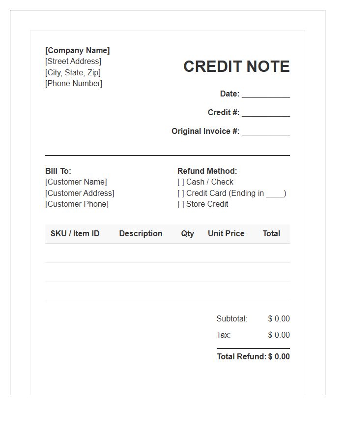 Standard Retail Refund Credit Invoice Template