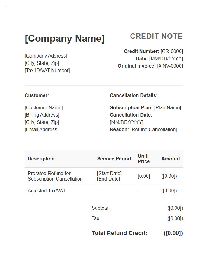 Subscription Cancellation Refund Credit Invoice Template