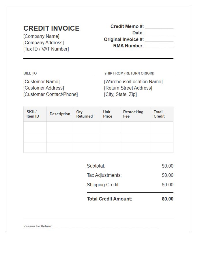 B2B Inventory Return Credit Invoice Template