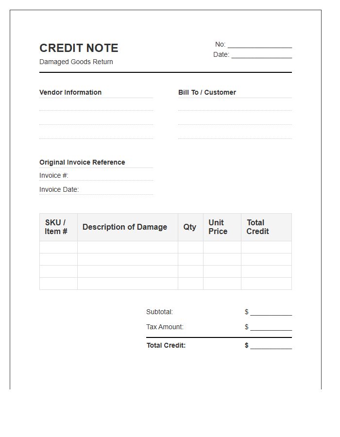 Damaged Goods Credit Note Invoice Template