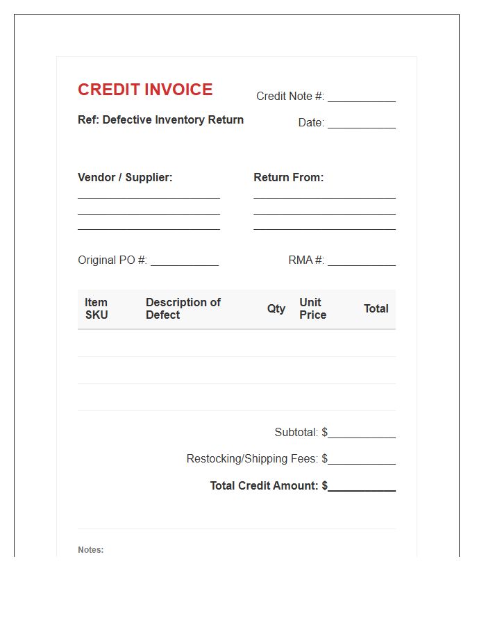 Defective Inventory Return Credit Invoice Template
