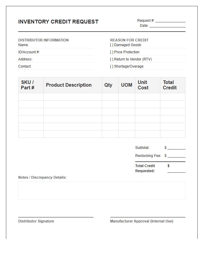 Distributor Inventory Credit Request Invoice Template