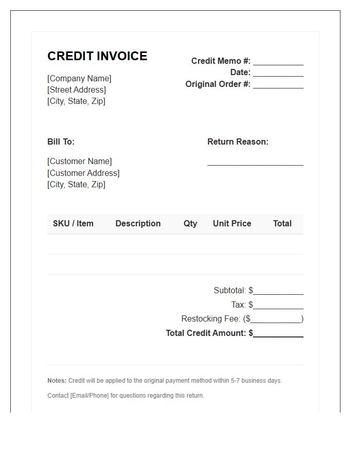 Ecommerce Product Return Credit Invoice Template