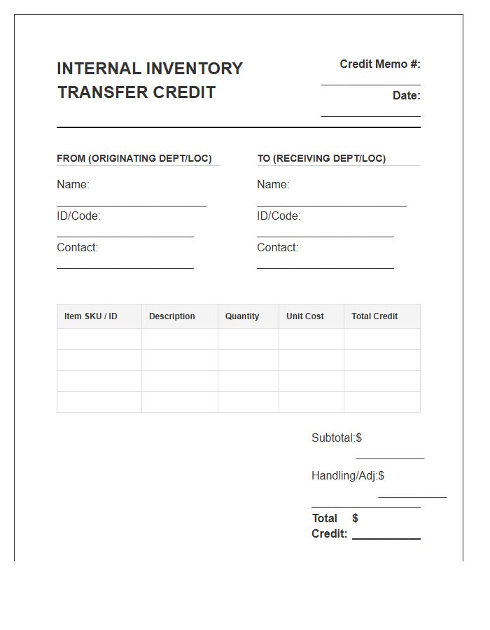 Internal Inventory Transfer Credit Invoice Template