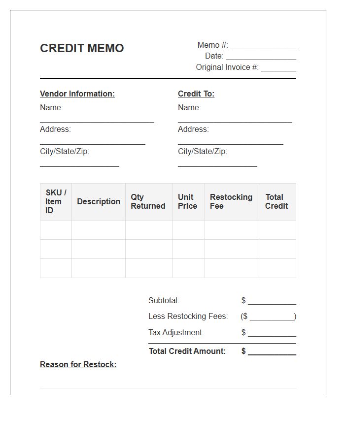 Inventory Restocking Credit Memo Invoice Template