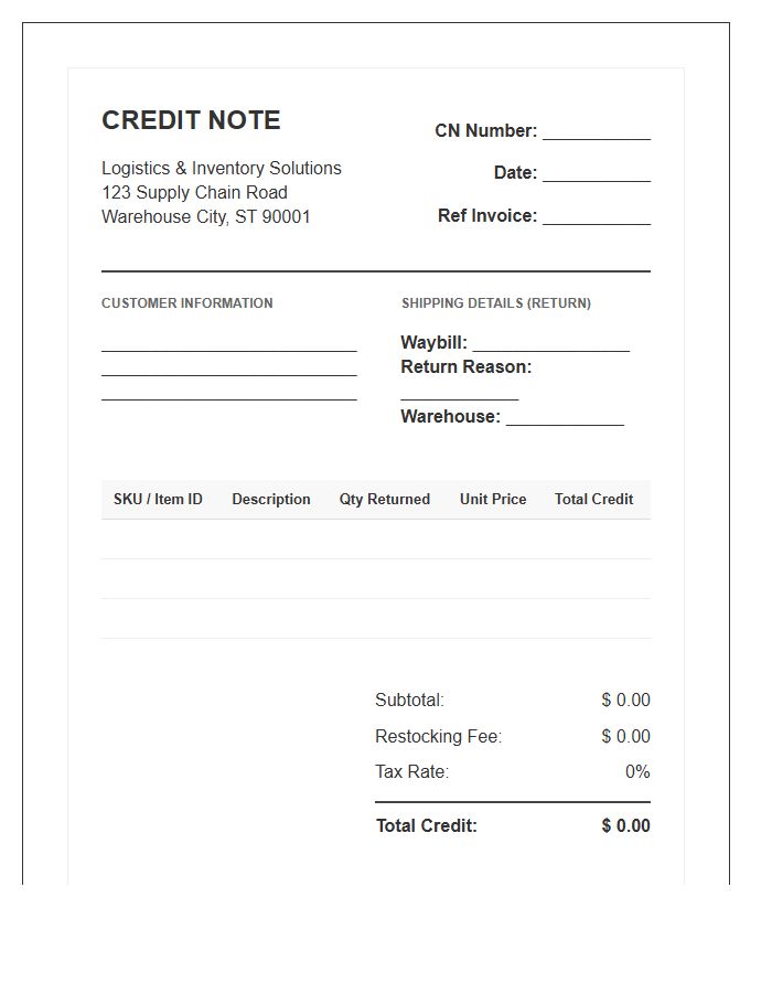 Logistics Inventory Credit Note Invoice Template