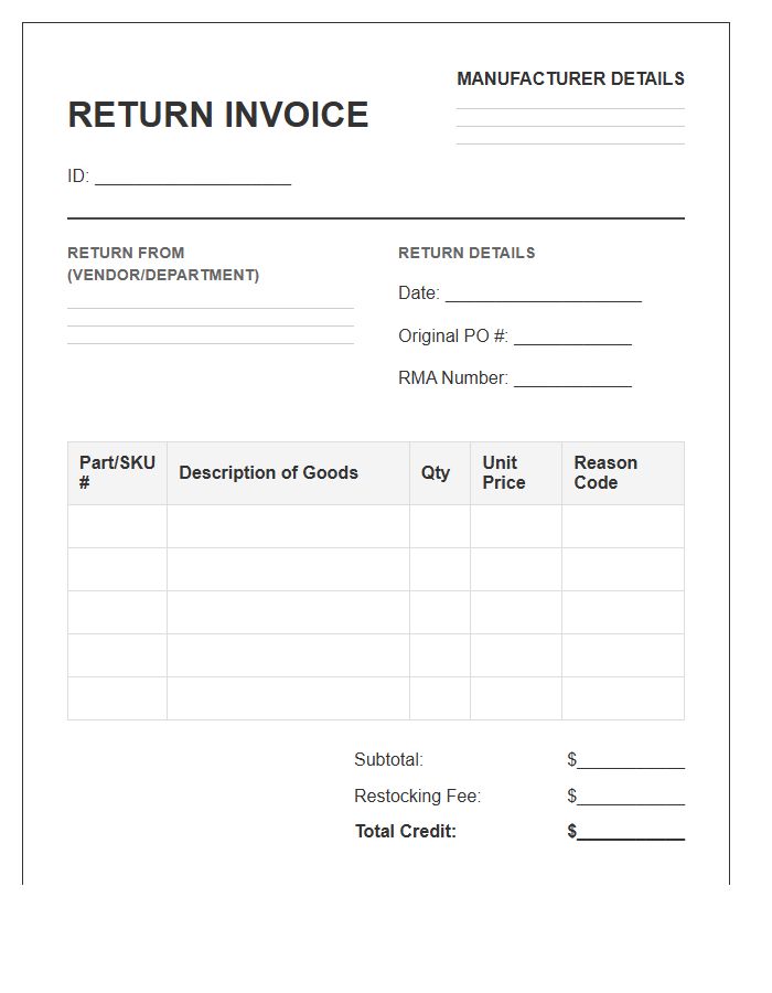 Manufacturing Inventory Return Invoice Template