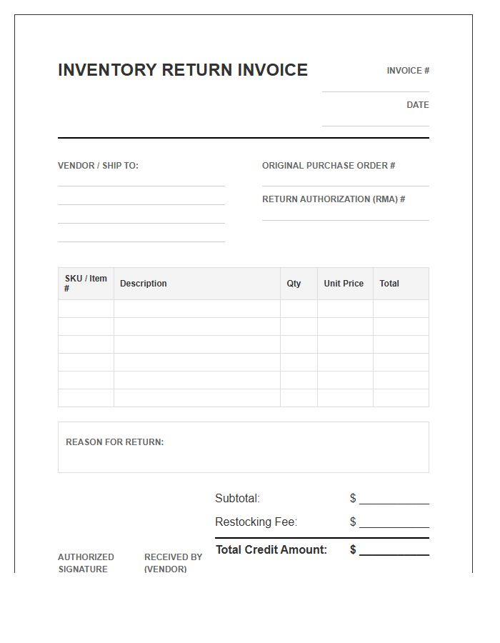 Purchase Order Inventory Return Invoice Template