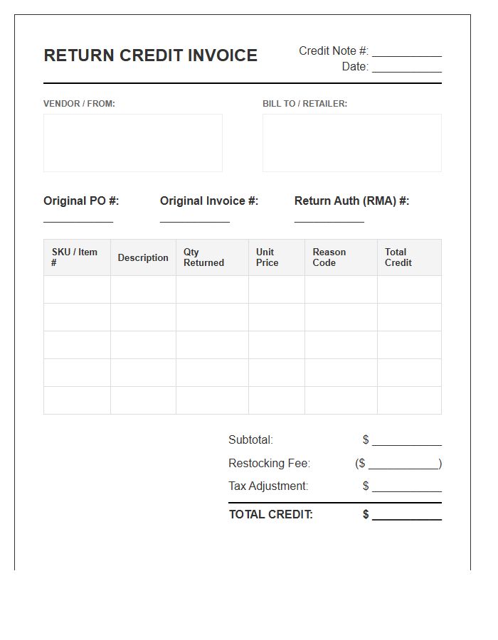 Retail Inventory Return Credit Invoice Template