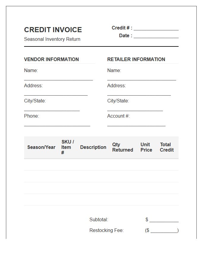Seasonal Inventory Return Credit Invoice Template