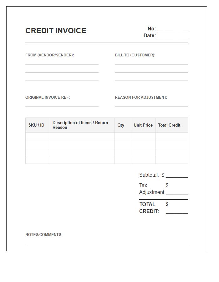 Stock Return Adjustment Credit Invoice Template