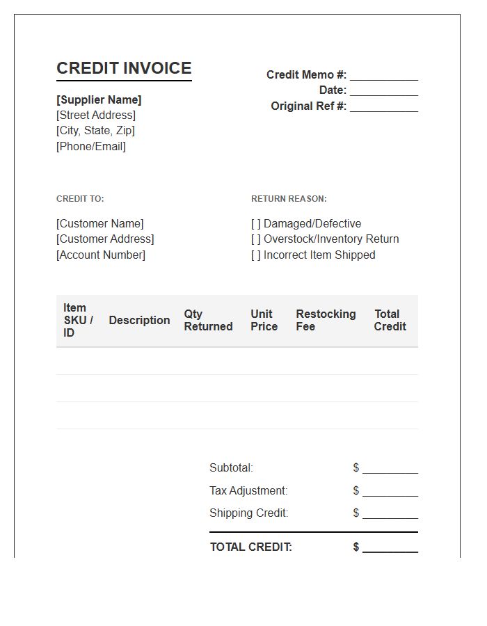 Supplier Inventory Return Credit Invoice Template