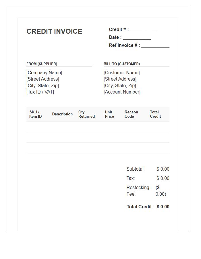 Supply Chain Inventory Credit Invoice Template