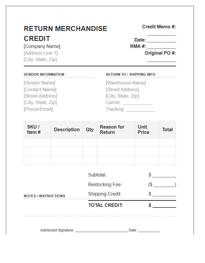 Vendor Return Merchandise Credit Invoice Template