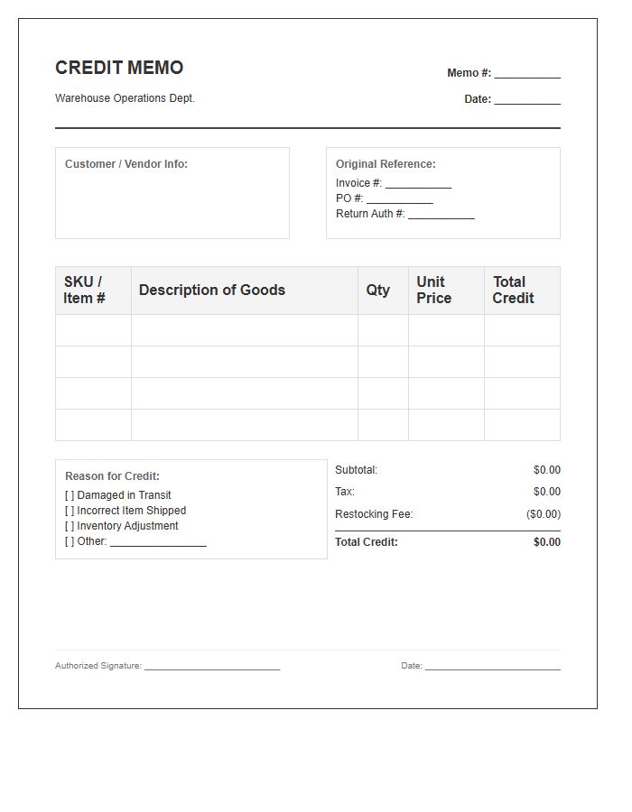 Warehouse Inventory Credit Memo Invoice Template