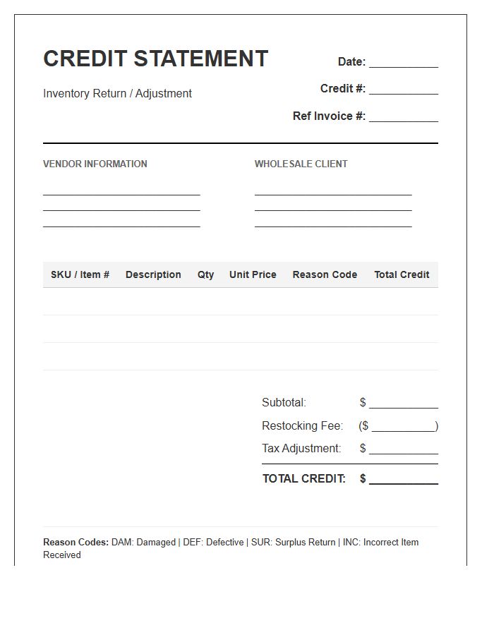 Wholesale Inventory Credit Statement Invoice Template