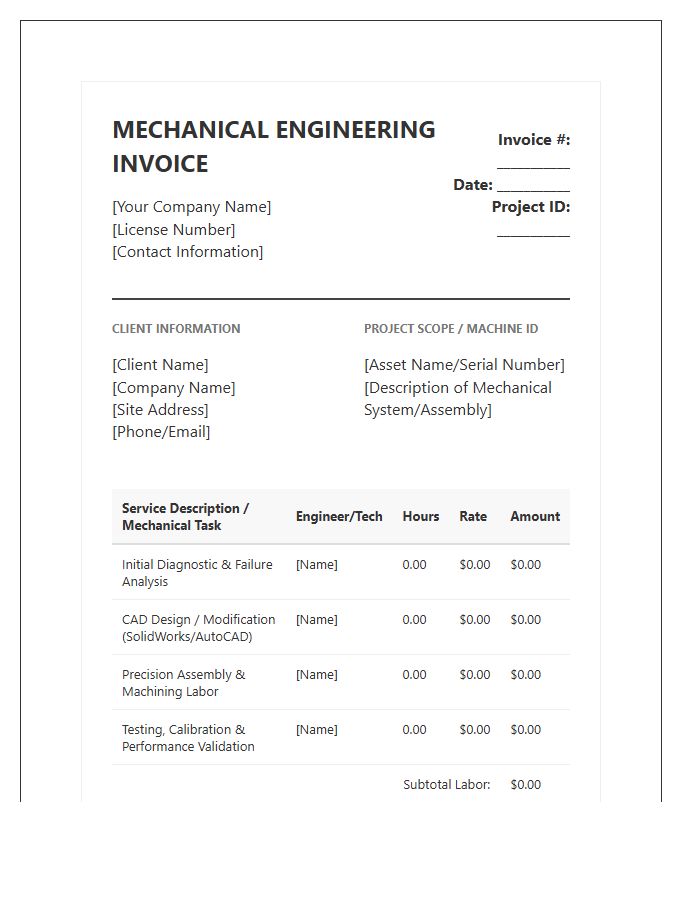 Detailed Mechanical Engineering Labor Invoice Template
