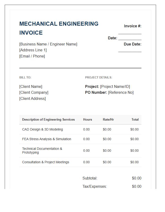 Mechanical Engineering Hourly Rate Project Invoice Template