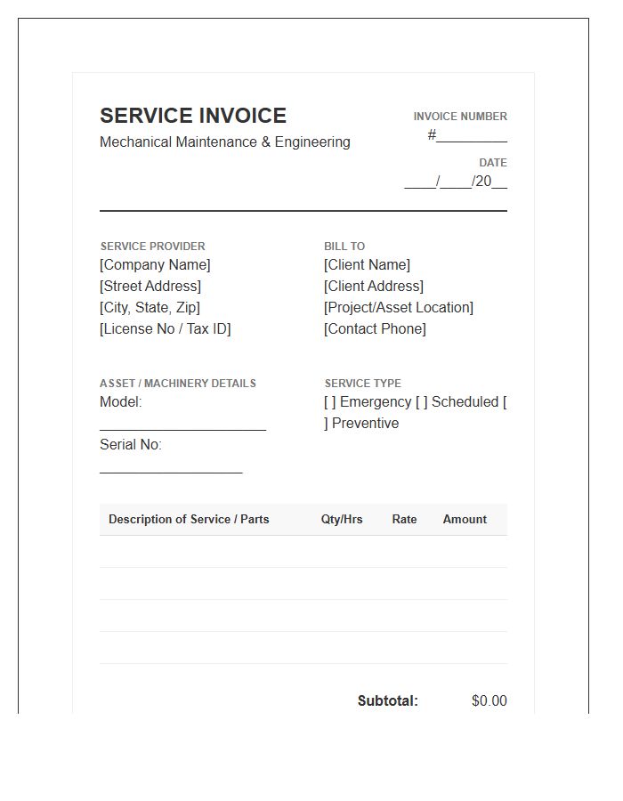 Mechanical Engineering Maintenance Service Invoice Template