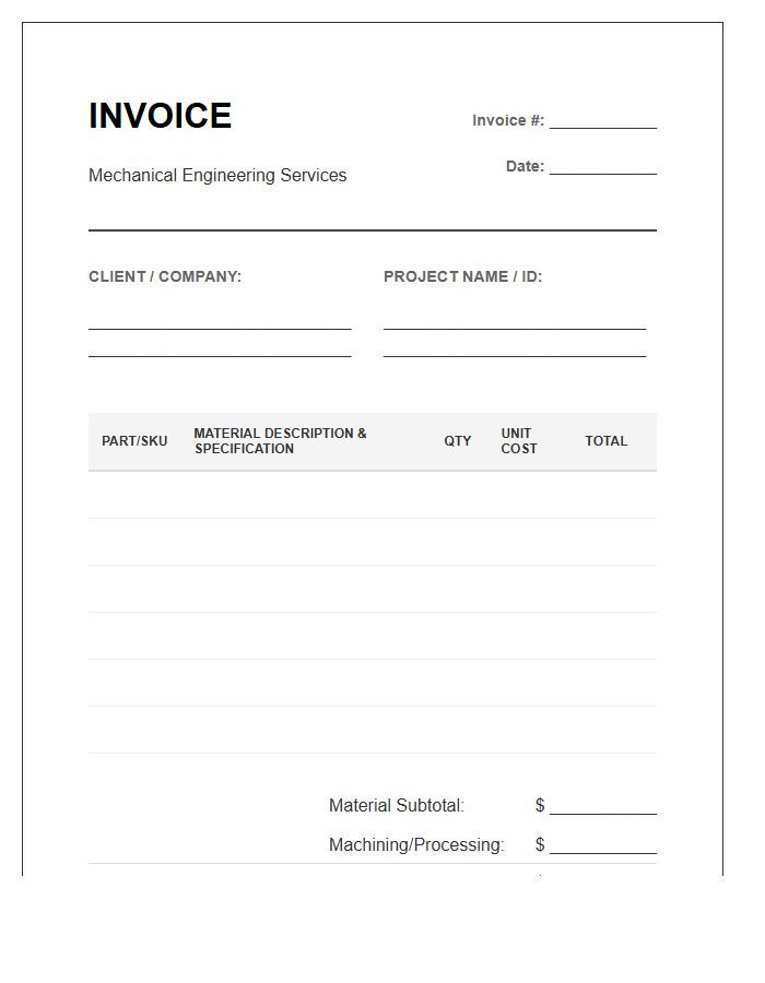 Mechanical Engineering Project Material Expenses Invoice Template