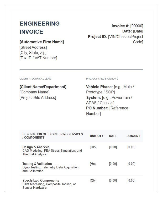 Specialized Automotive Engineering Project Invoice Template